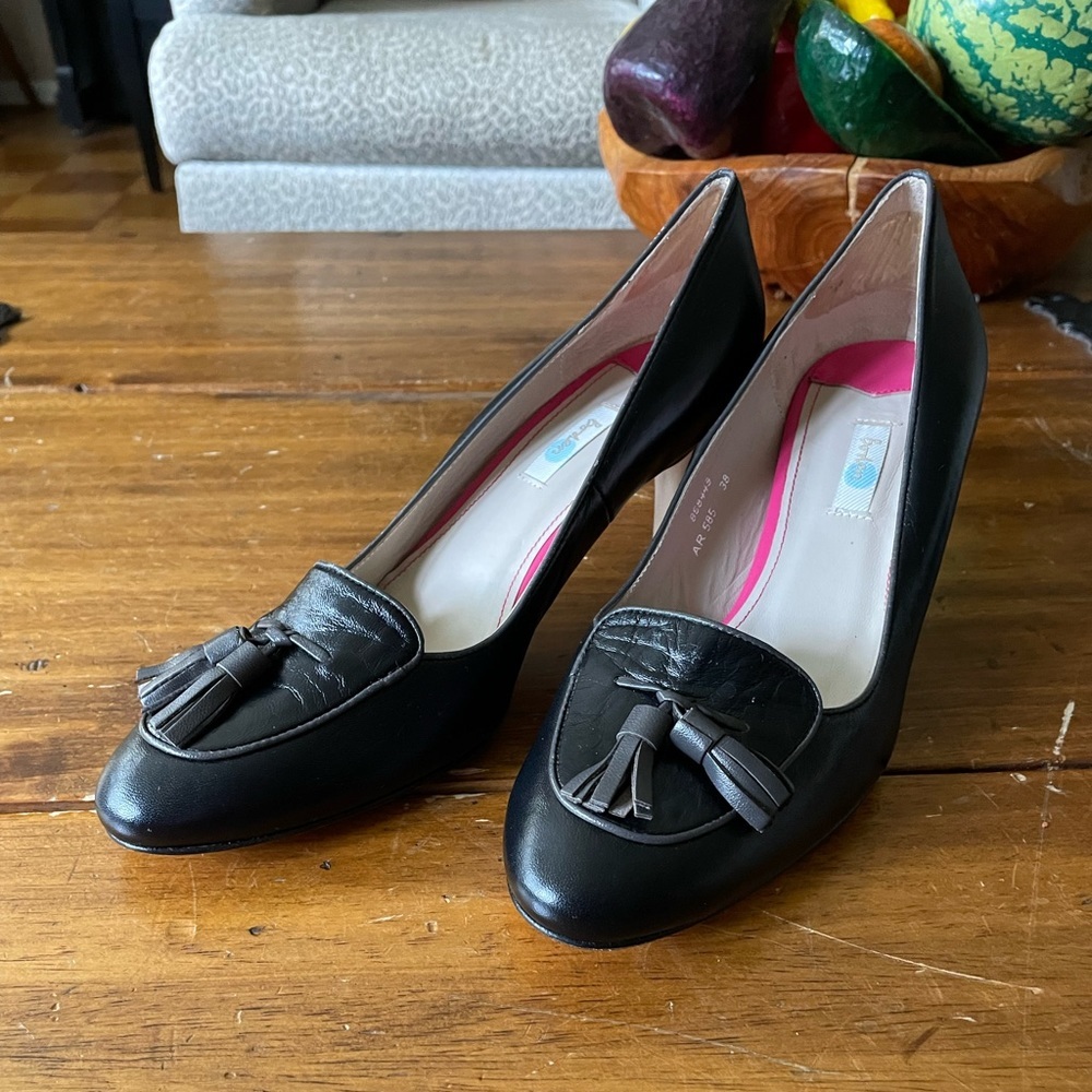 Boden Tassel Loafer Heels Black Leather Sz 38